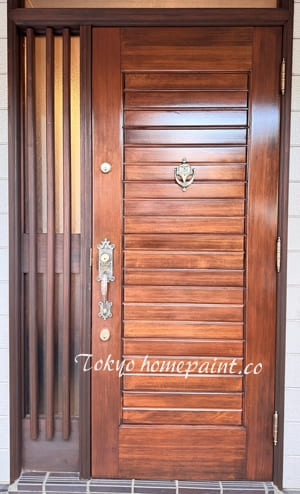 木製玄関ドア塗装、ヤマハ製ドア、高井戸、工事完成